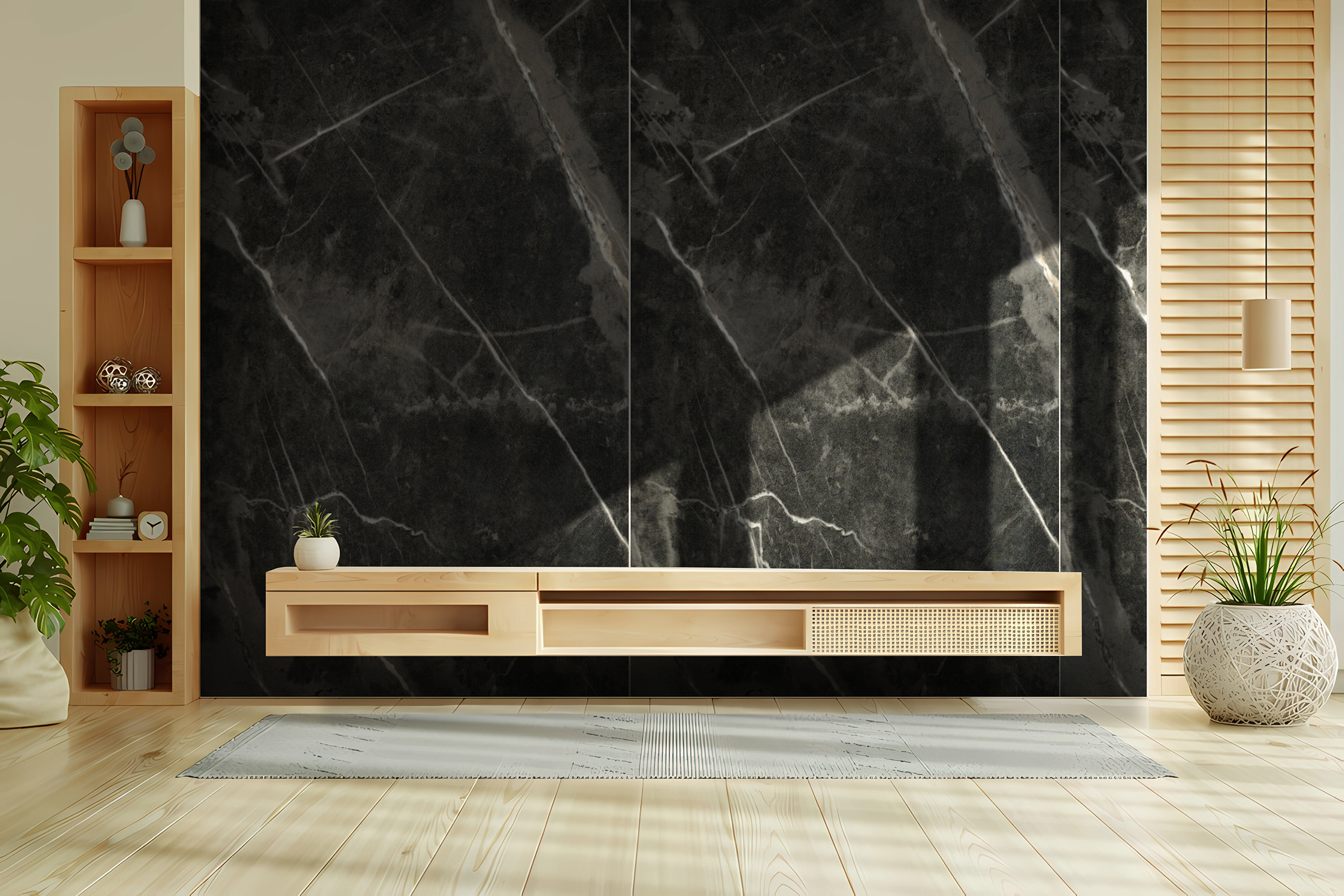 Clio black marble laminate panel wall in a living room